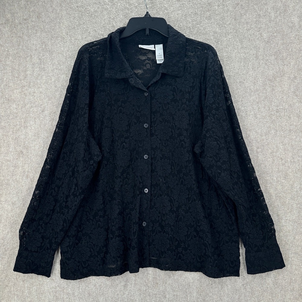Liz Claiborne Woman Black Floral Lace Button Shirt‎ 2X Witchy Fairy Gothic